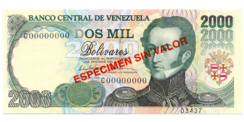 Billete Espécimen Sin Valor 2000 Bolívares Febrero 1998 #03437 - Numisfila