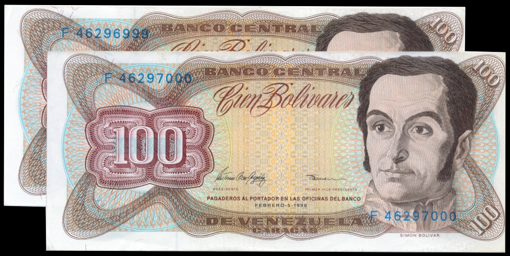 Pareja Billetes Desplazados 100 Bolívares Febrero 1998 F8 Seriales F46296999 y F46297000 - Numisfila
