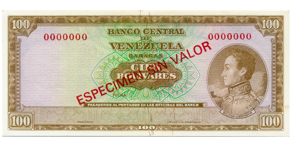 Billete Espécimen Sin Valor 100 Bolívares 1963/73 Sin Perforación - Numisfila