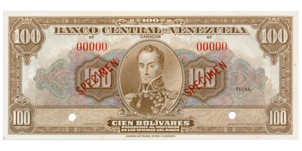 Billete Specimen Sin Valor 100 Bolívares 1940-53 E.E.U.U. - Numisfila