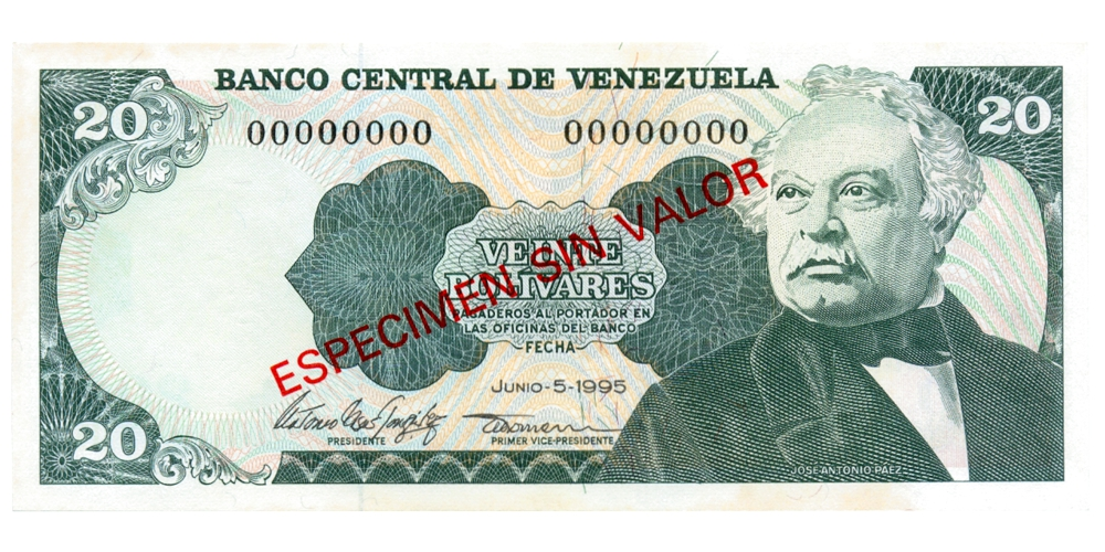 Espécimen Sin Valor Billete 20 Bolívares 1995 Serial 0000000 - Numisfila