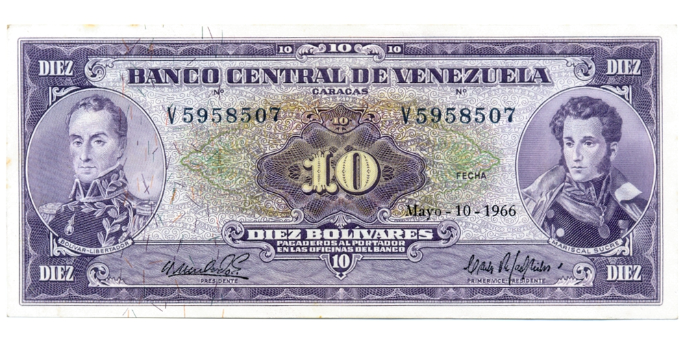 Billete 10 Bolívares 1966 V7 Serial V5958507 - Numisfila