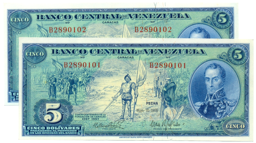 Pareja Billetes 5 Bolívares 1966 B7 Seriales B2890101 y B2890102 - Numisfila
