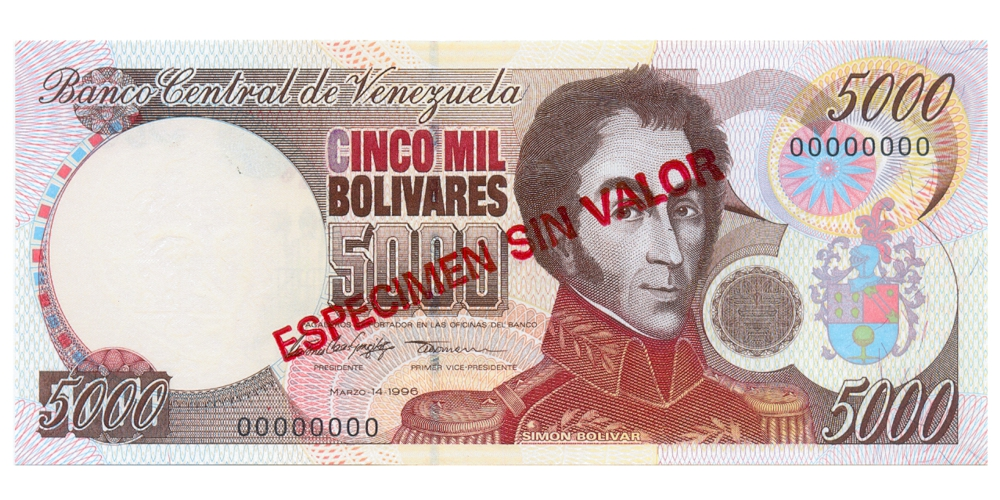 Billete Espécimen Sin Valor 5000 Bolívares 1996 - Numisfila