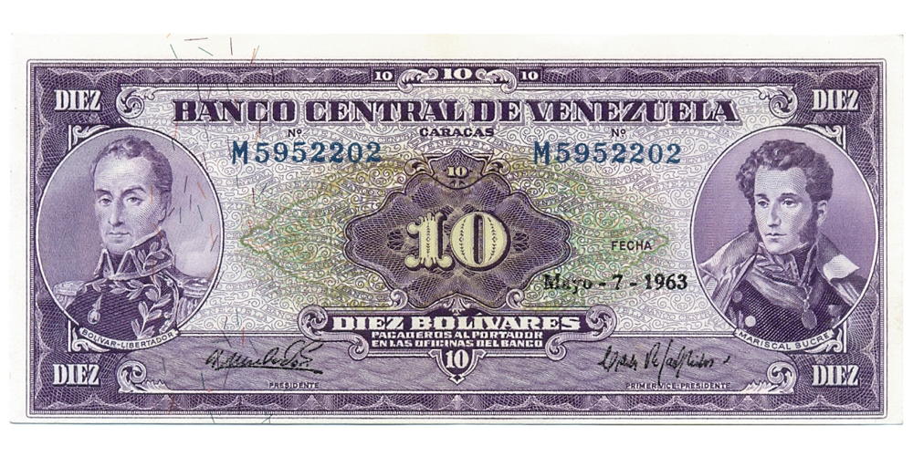 Bello Billete 10 Bolívares 1963 M7 Serial M5952202 - Numisfila