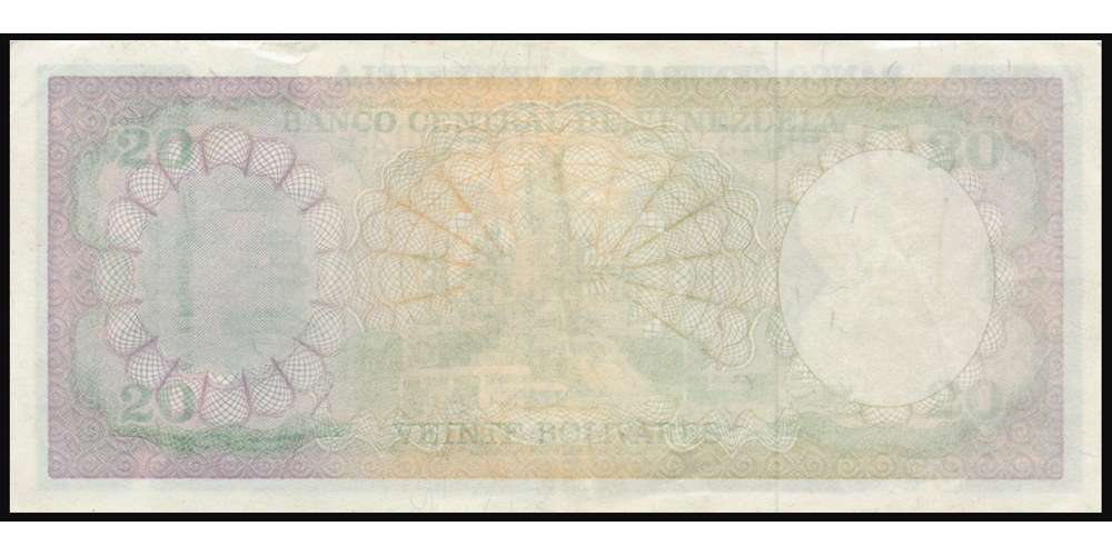 Error Billete 20 Bolívares 1977 T4100025 Reverso Sin Impresión Calcográfica  - Numisfila