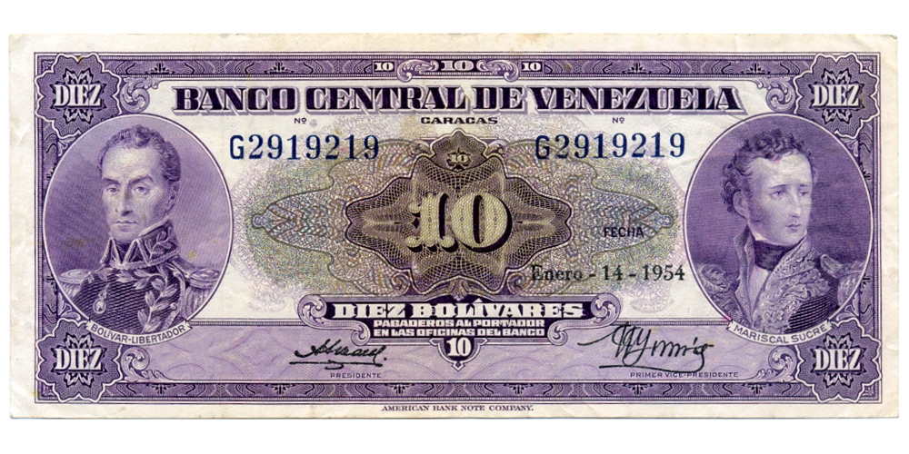 Billete 10 Bolívares Difícil Enero 1954 G7 Serial G2919219  - Numisfila