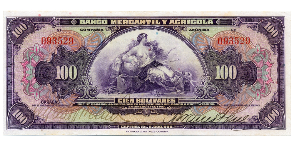 Billete Banca Privada 100 Bolívares Banco Mercantil y Agrícola Remainder Serial  - Numisfila