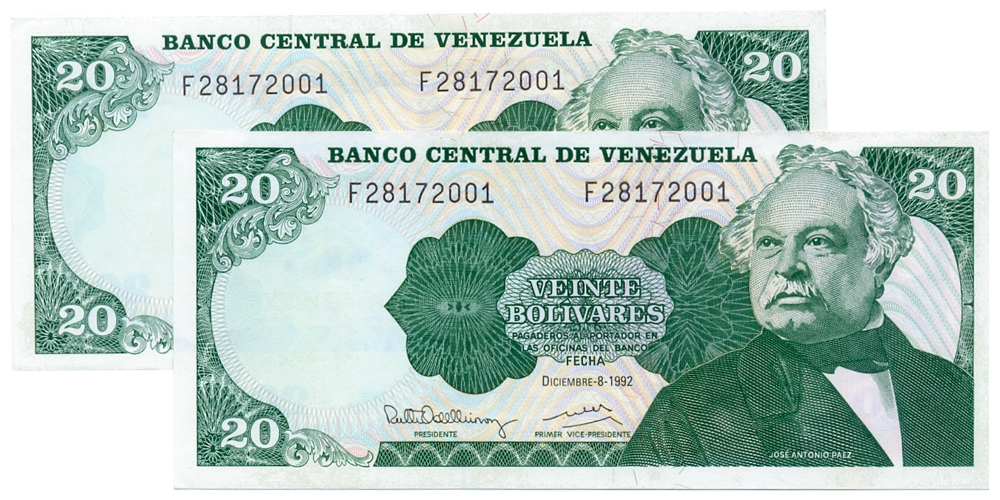 Pareja Mismo Serial F28172001 Billetes 20 Bolívares 1992 Morochos - Numisfila