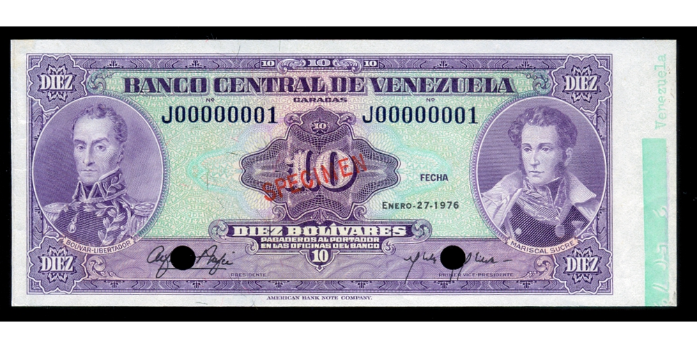 Specimen Billete 10 Bolívares 1976 Serial J00000001 - Numisfila