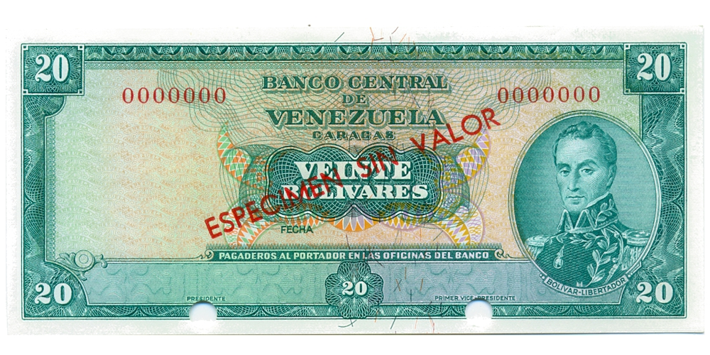 Espécimen Sin Valor Billete 20 Bolívares 1967 / 1974 - Numisfila