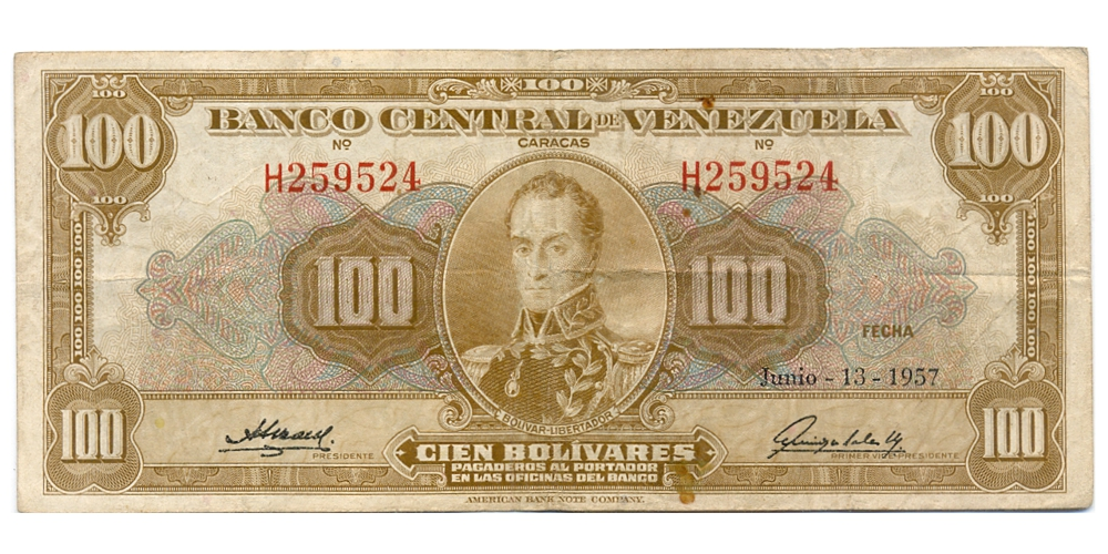 Billete 100 Bolívares Junio 1957 H6 Serial H259524 - Numisfila