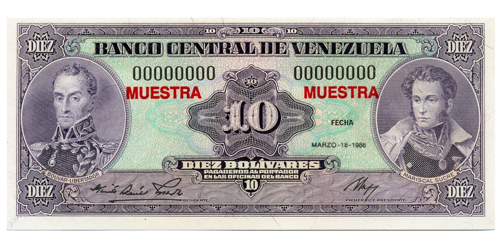 Muestra Muestra Billete 10 Bolívares 1986 Serial 0000000 - Numisfila
