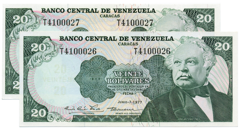 Pareja Billetes 20 Bolívares 1977 T7 Consecutivos T4100026 y T4100027 - Numisfila