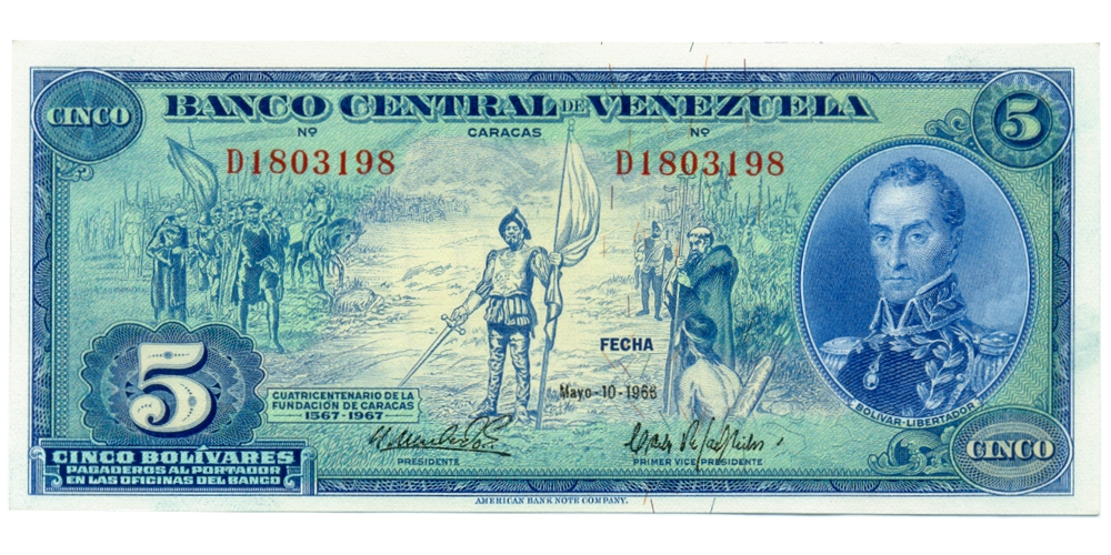 Billete 5 Bolívares 1966 Difícil D7 Serial D1803198 - Numisfila