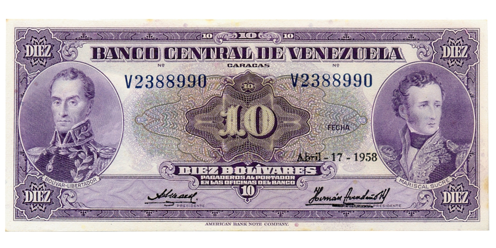Billete 10 Bolívares 1958 V7 Serial V2388990 - Numisfila