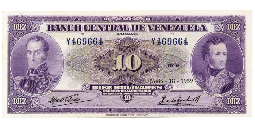 Bello Billete 10 Bolívares 1959 Y6 Serial Y469664 - Numisfila