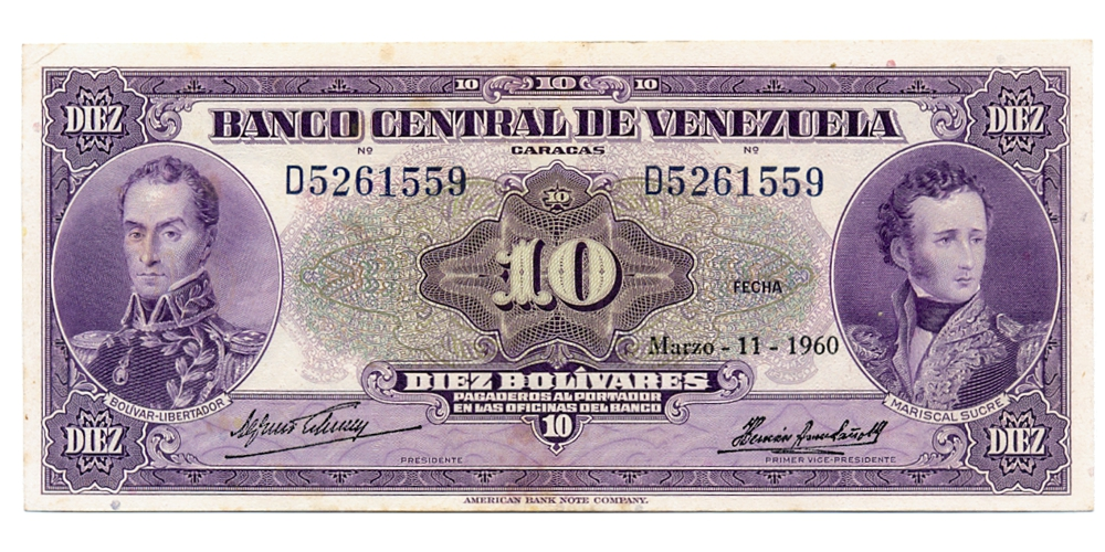Billete 10 Bolívares 1960 D7 Serial D5261559 - Numisfila