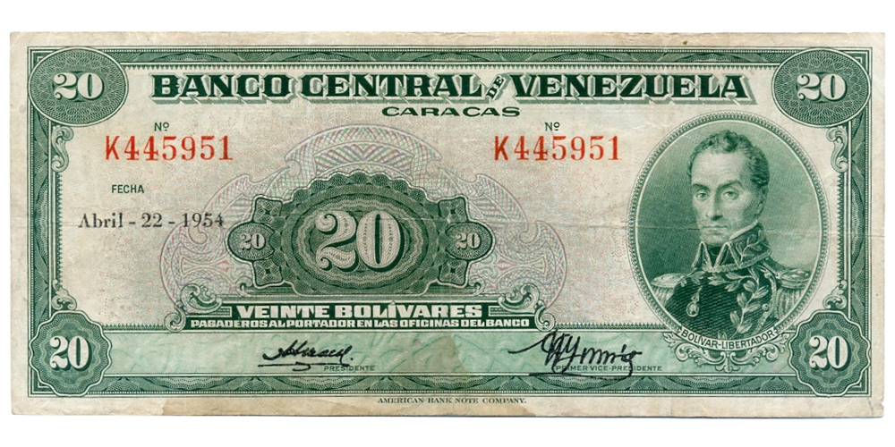 Billete 20 Bolívares Abril 1954 K6 Serial K445951 - Numisfila