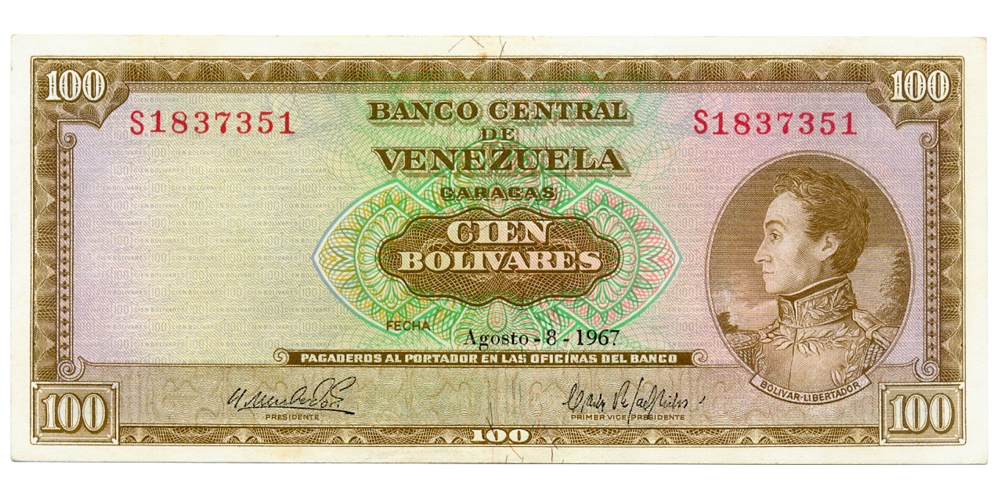 Billete 100 Bolívares 1967 S7 Serial S1837351 - Numisfila
