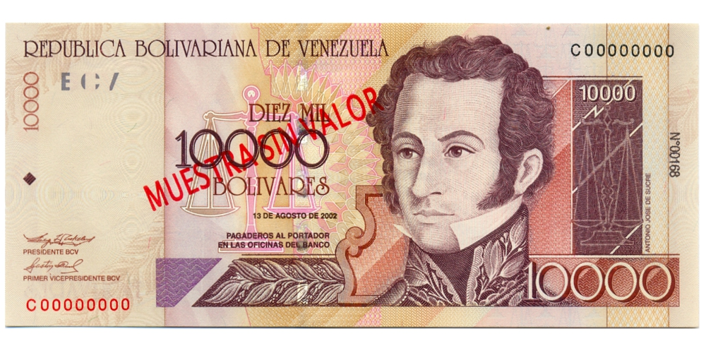 Muestra Sin Valor Billete 10.000 Bolívares 2002 #00168 Serial C00000000 - Numisfila