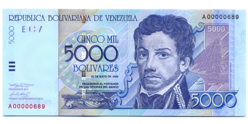 Billete 5000 Bolívares 2000 Serial Bajo A00000689 - Numisfila