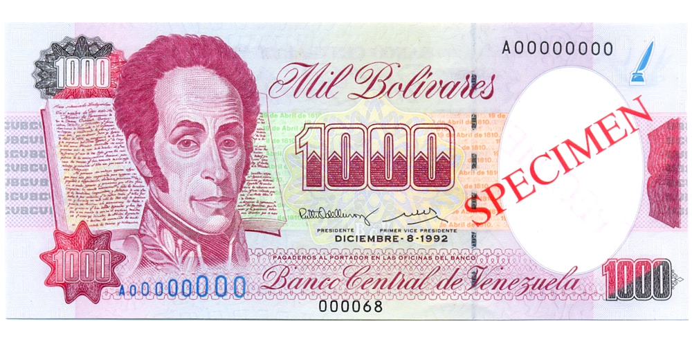Billete Specimen 1000 Bolívares Diciembre 1992 #000068 - Numisfila