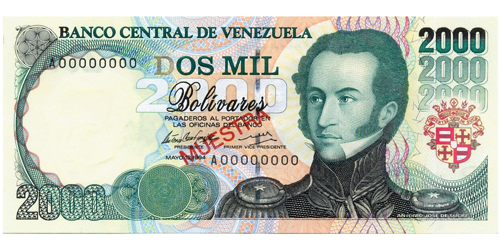 Muestra Billete 2000 Bolívares Mayo 12 1994 - Numisfila