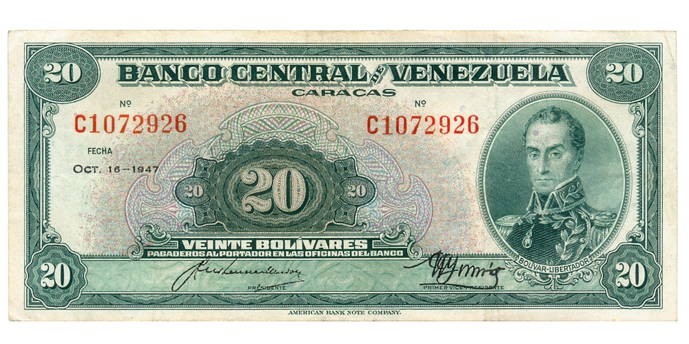 Billete 20 Bolívares Octubre 1947 C7 Serial C1072926 - Numisfila
