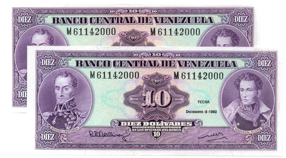 Pareja Mismo Serial M61142000 Billetes 10 Bolívares 1992 Morochos - Numisfila