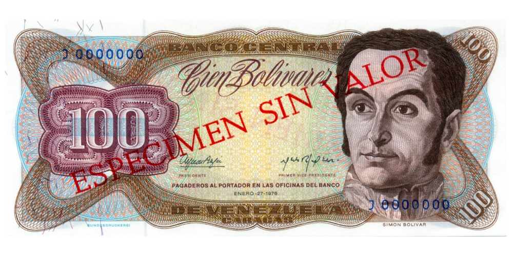 Billete Espécimen Sin Valor 100 Bolívares Enero 1976 - Numisfila