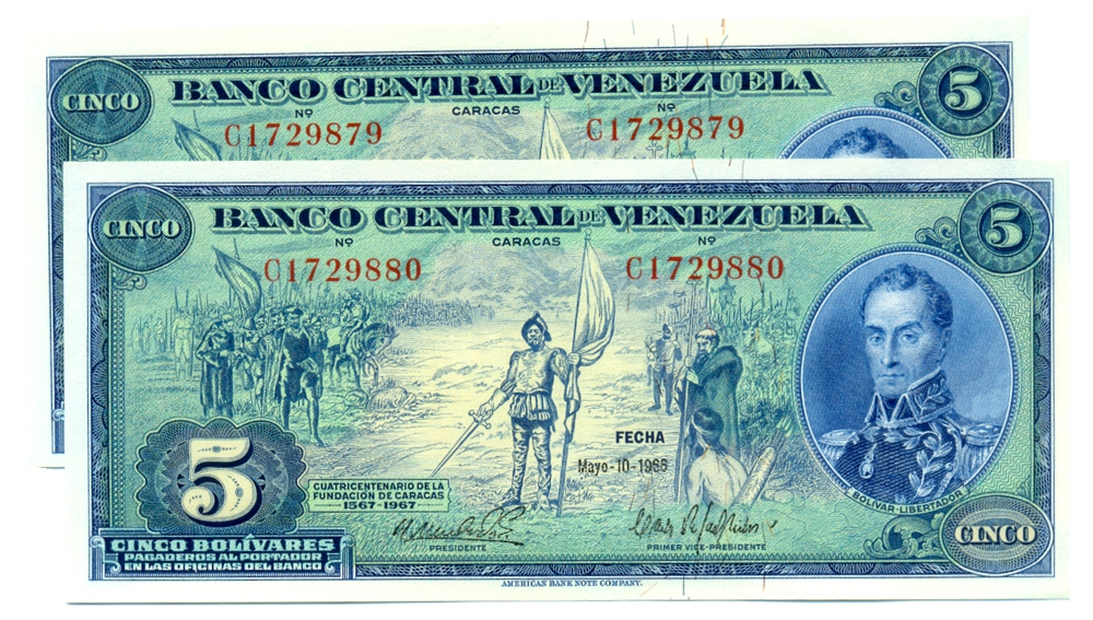 Pareja Billetes 5 Bolívares 1966 C7 Seriales C1729879 y C1729880 - Numisfila