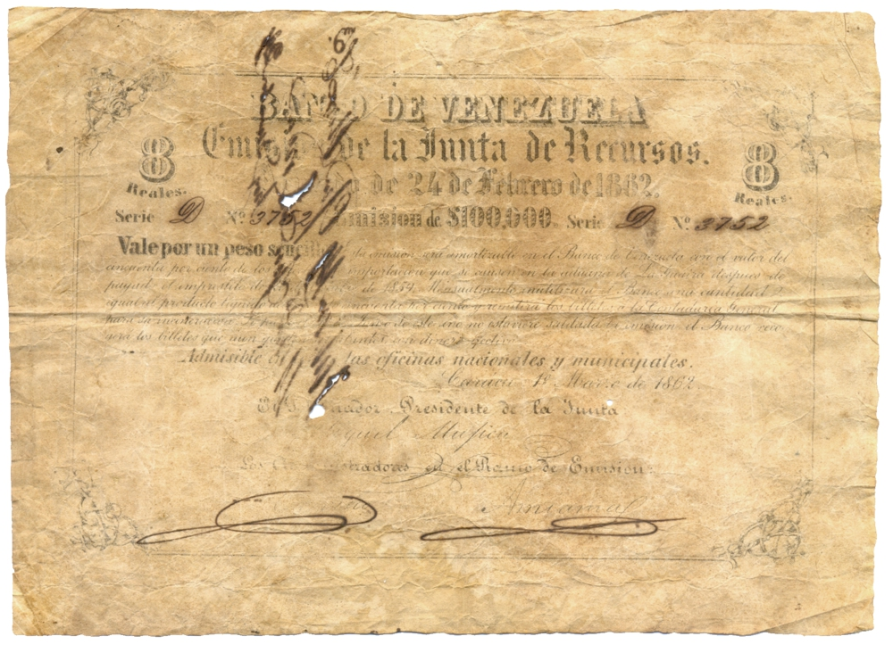 Billete Banco de Venezuela 8 Reales / 1 Peso 1862 Serie D N°3752 - Numisfila