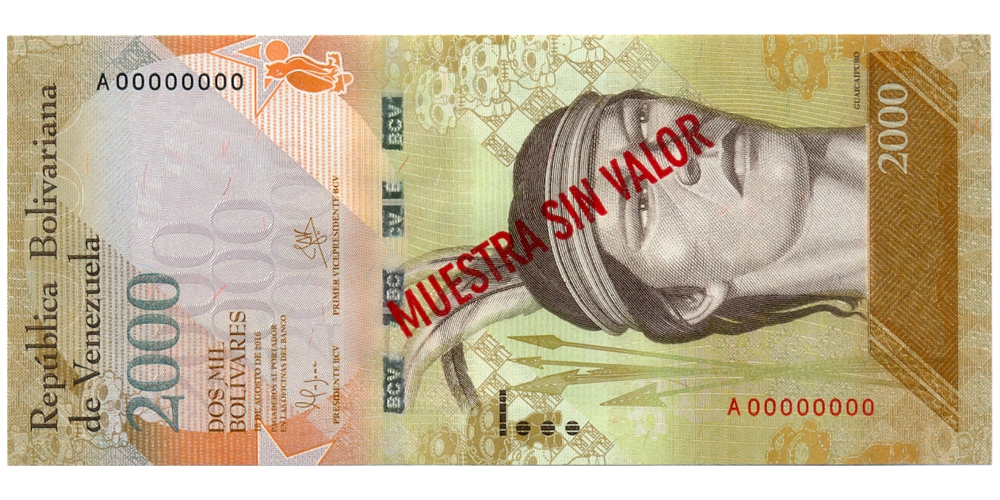 Muestra Sin Valor Billete 2000 Bolívares 2016 Serial A0000000 - Numisfila