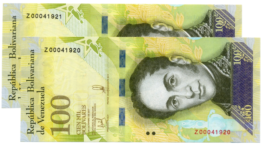 Reposición Z8 Billetes 100 Bolívares Diciembre 2017 Tres Ventanas Seriales Z00041920 y Z00041921 - Numisfila