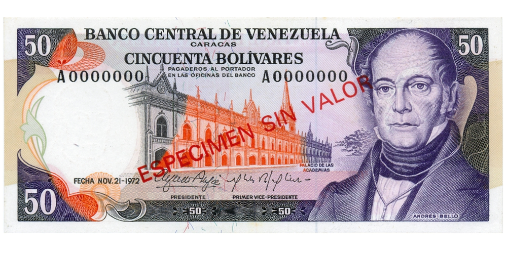 Espécimen Sin Valor Billete 50 Bolívares 1972 Sin Perforaciones - Numisfila