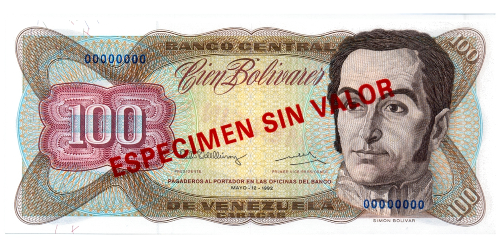 Billete Espécimen Sin Valor 100 Bolívares Diciembre 1992  - Numisfila