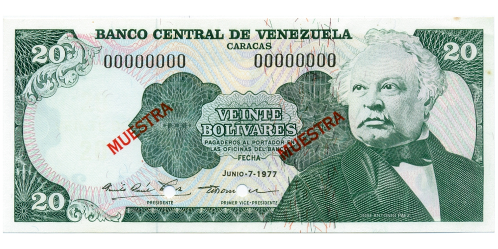 Muestra Muestra Billete 20 Bolivares Junio 1977  - Numisfila