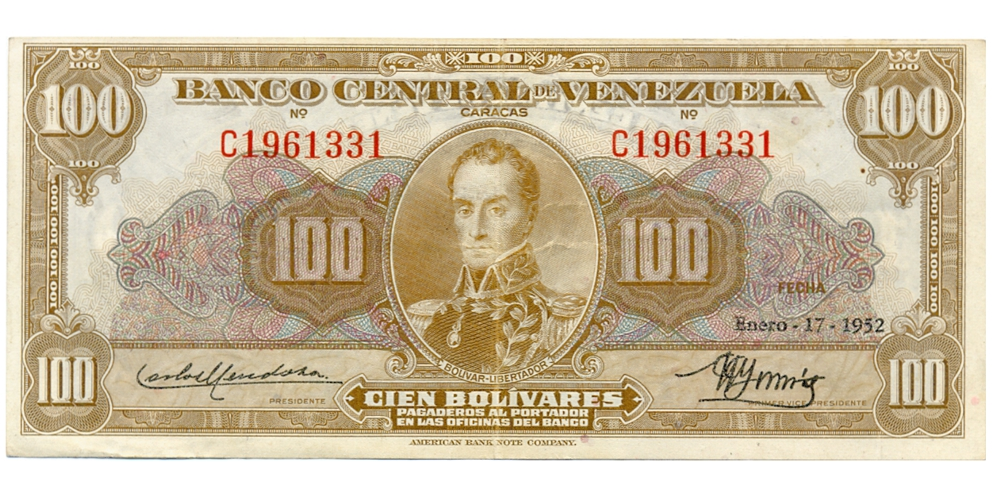Billete 100 Bolívares Enero 1952 Serial C1961331 - Numisfila