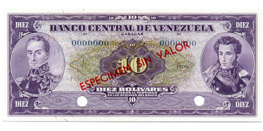 Espécimen Sin Valor Billete 10 Bolívares 1963/70 Serial 0000000 - Numisfila