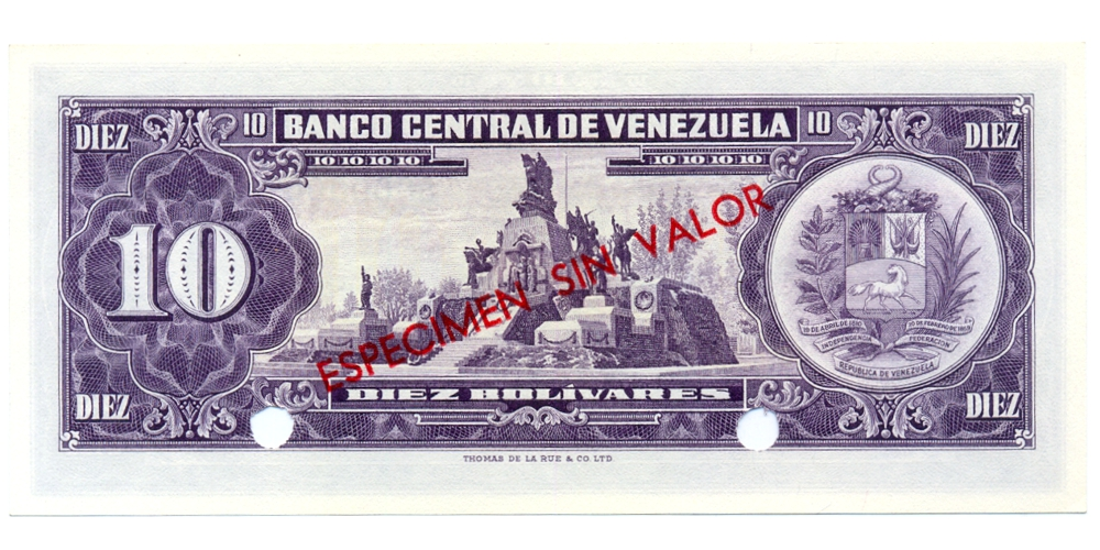 Espécimen Sin Valor Billete 10 Bolívares 1963/70 Serial 0000000  - Numisfila