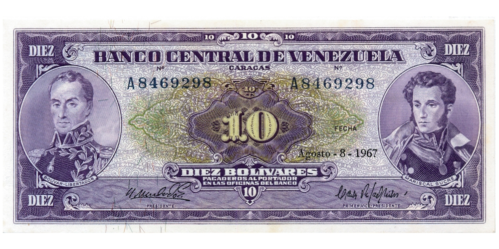 Bello Billete 10 Bolívares 1967 A7 Serial  A8469298 - Numisfila