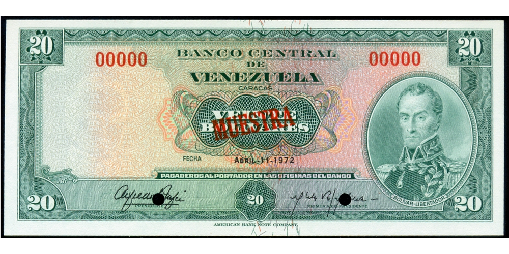 Muestra Billete 20 Bolívares Abril 1972 Serial 00000 - Numisfila