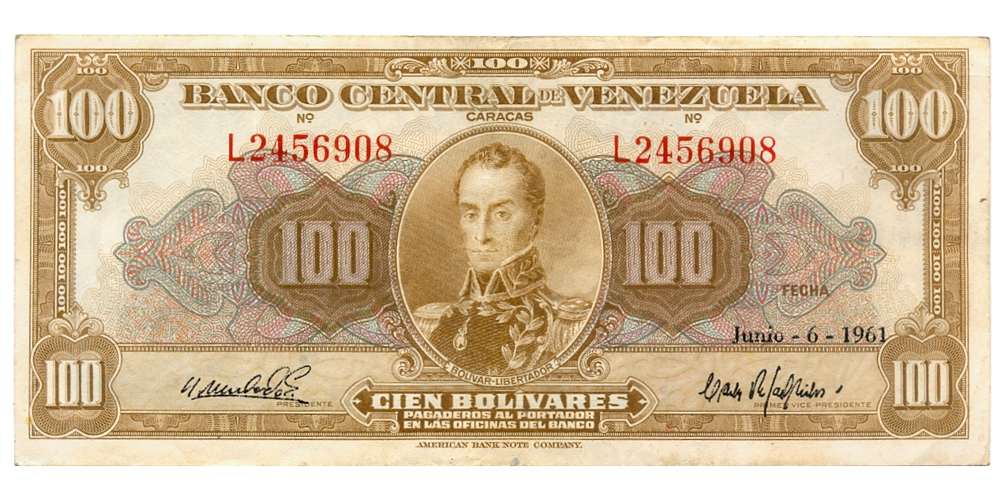 Billete 100 Bolívares 1961 L7 Serial L2456908 - Numisfila