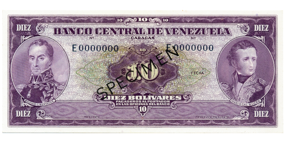 Specimen Billete 10 Bolívares 1961 E0000000 "Cara Volteada" - Numisfila