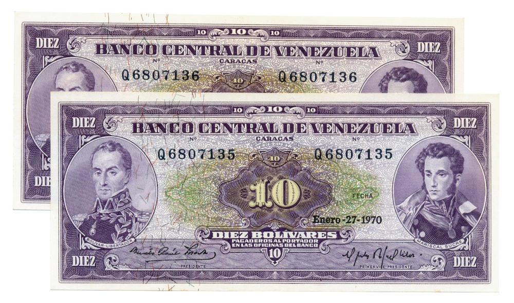 Pareja Billetes 10 Bolívares 1970 Q7 Seriales Q6807135 y Q6807136 - Numisfila