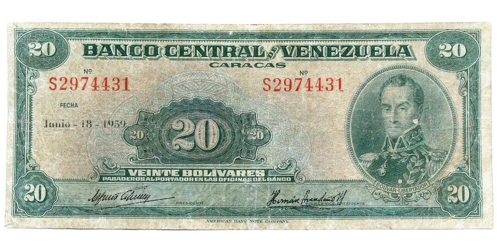 Billete 20 Bolívares Junio 1959 Difícil S7 Serial S2974431 - Numisfila