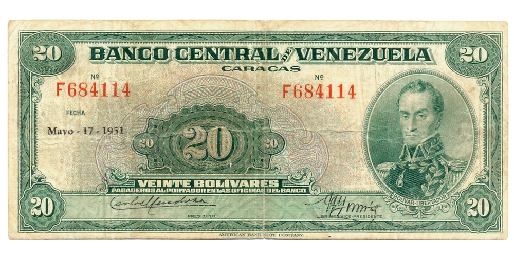 Billete 20 Bolivares Mayo 1951 F6 Serial F684114 - Numisfila