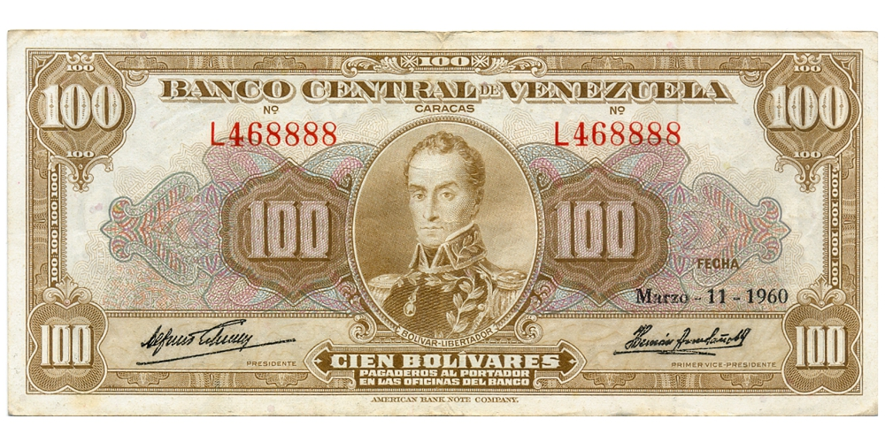 Billete 100 Bolívares 1960 Difícil L6 Serial L468888 - Numisfila