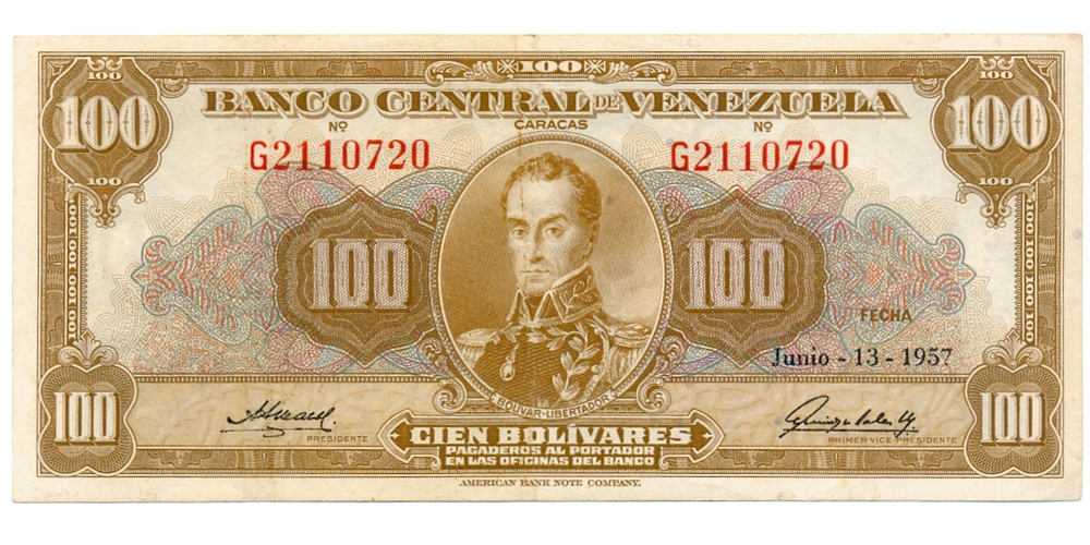 Billete 100 Bolívares Junio 1957 G7 Serial G2110720 - Numisfila